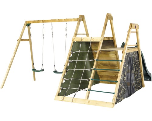 Spielplatzgerät aus Holz mit zwei Schaukeln, Kletternetz und Rutsche