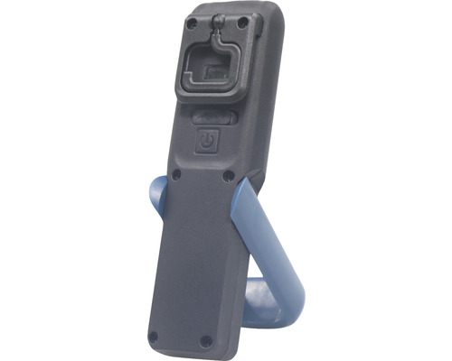 Rückseite einer LED-Arbeitsleuchte mit Haken und Ständer