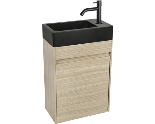 Waschbeckenunterschrank mit schwarzem Waschbecken und Armatur