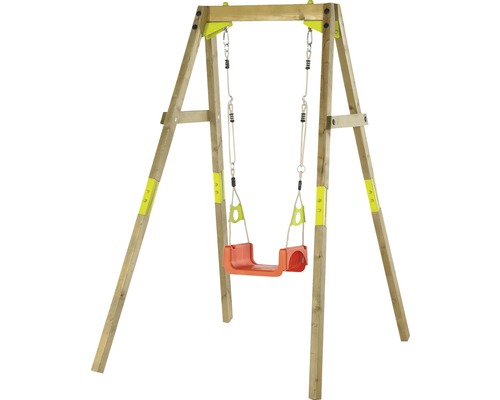 Holzschaukel mit rotem Sitz für den Garten