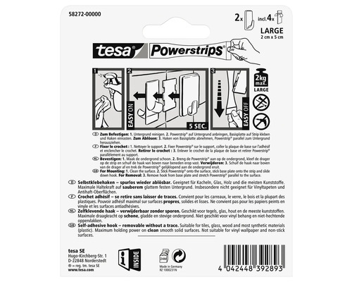 Tesa Powerstrips Haken, inklusive vier Powerstrips, Größe Large