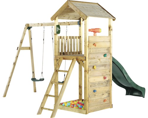 Spielturm aus Holz mit Rutsche, Schaukel und Kletterwand