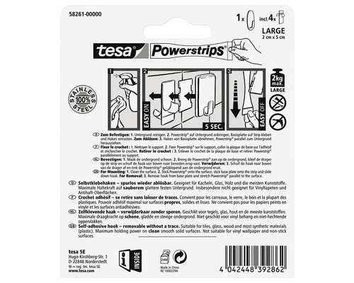 Tesa Powerstrips Haken, inklusive vier Powerstrips, große Ausführung, mit Edelstahl Siegel und Montageanleitung