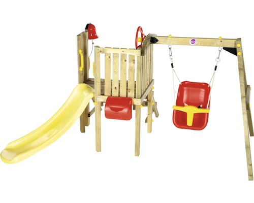 Spielplatz mit Rutsche, Schaukel und Spielturm aus Holz