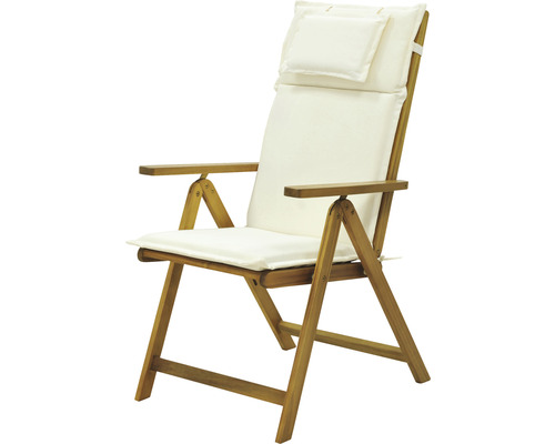 Holzliegestuhl mit Armlehnen und weißer Polsterung