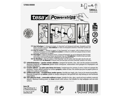 Tesa Powerstrips Haken klein, zwei Stück, inklusive vier Klebestreifen, maximale Haltekraft ein Kilogramm, aus Edelstahl