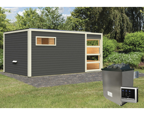 Saunahaus Karibu Zirkon 2 inkl.9 kW Ofen u.ext.Steuerung mit Vorraum und Holztüre mit Klarglas terragrau/weiß