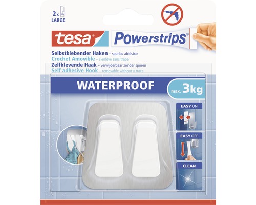 Handtuchhaken Tesa Powerstrips® Waterproof edelstahl/weiß matt 59785-00000-00 Tesa Powerstrips selbstklebende Haken, zwei Stück, große Ausführung, wasserfest
