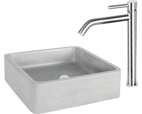 Aufsatzwaschbecken aus Beton mit Armatur