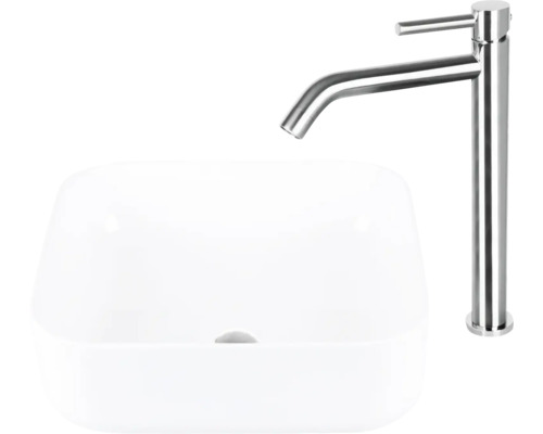 Aufgesetztes Waschbecken aus Keramik mit Waschtischarmatur aus Metall