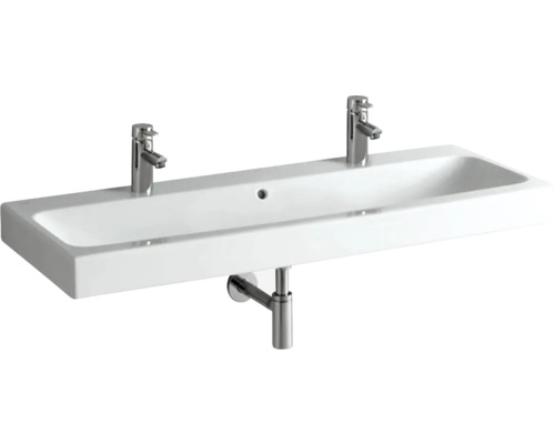 Weißes Doppelwaschbecken mit zwei Armaturen und Siphon