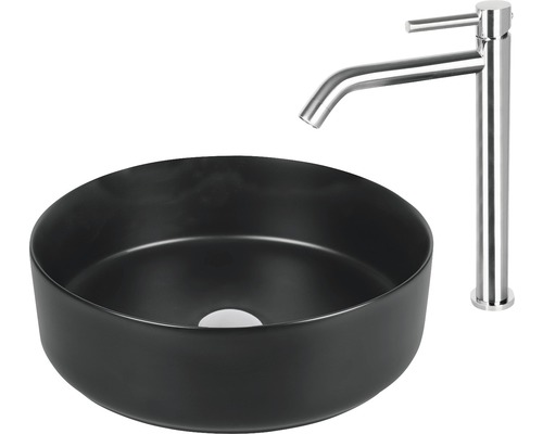 Schwarzes Aufsatzwaschbecken mit Armatur