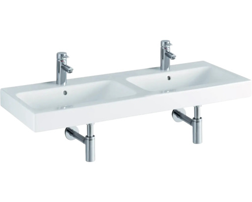 Doppelwaschtisch aus Sanitärkeramik mit zwei Armaturen und Siphons