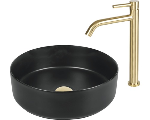 Schwarzes Aufsatzwaschbecken mit goldener Armatur