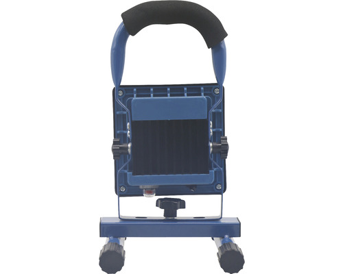 Blaue LED-Baustellenleuchte mit Tragegriff und Standfuß.