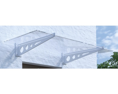 ARON Vordach Pultform Metz VSG 150x105 cm weiß ohne Wandanschlussprofil Zwei Haustürvordächer mit transparenter Abdeckung und weißer Halterung