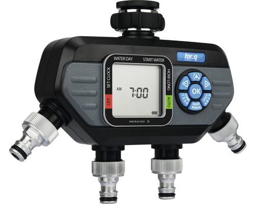 for.q Bewässerungscomputer mit mehreren Anschlüssen und digitaler Anzeige.