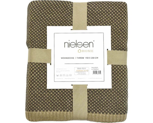 Gefaltete Nielsen Wohndecke, 150 mal 200 Zentimeter, mit Textiletikett und Papierbanderole