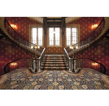 Treppenhaus mit Teppichboden und verzierten Wänden.