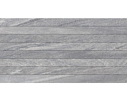 Feinsteinzeug Dekorfliese Sahara gris 32 x 62,5 cm Graue Steinwandverkleidung mit horizontaler Ausrichtung.