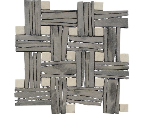 Schiefer-Natursteinmosaik beige/anthrazit 30x30 cm Mosaikfliese mit Steinoptik und quadratischen Akzenten
