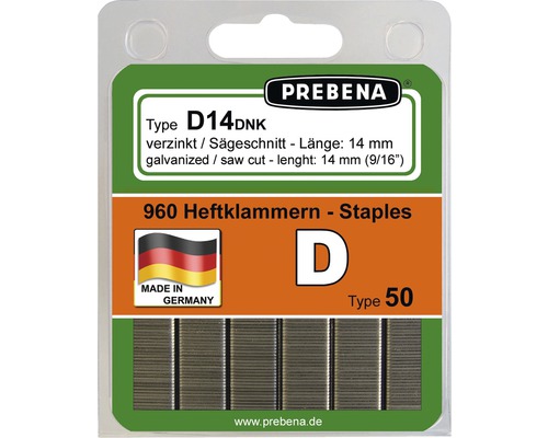 Heftklammern mit D-Spitze Prebena Type D14DNK-B 960 St. Prebena D14DNK Heftklammern, verzinkt, 14 mm Länge, 960 Stück, hergestellt in Deutschland