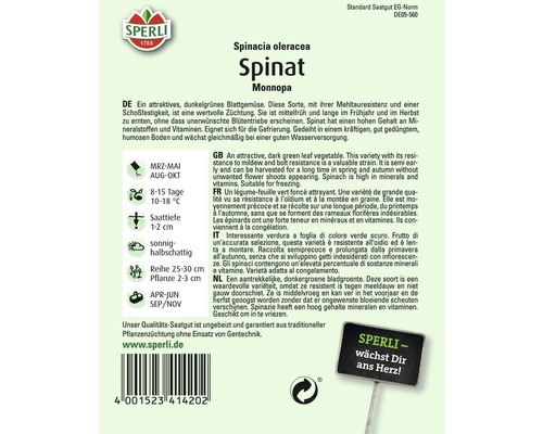 Samenpackung Spinat Monnopa der Marke Sperli