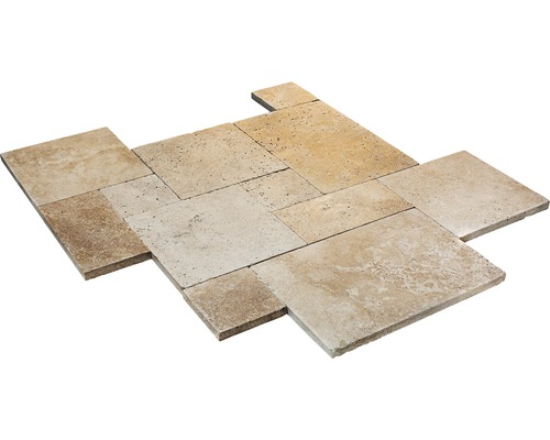 FLAIRSTONE Travertin Terrassenplatte Napoli römischer Verband Set = 1,48 m² Travertin Fliesen in verschiedenen Größen