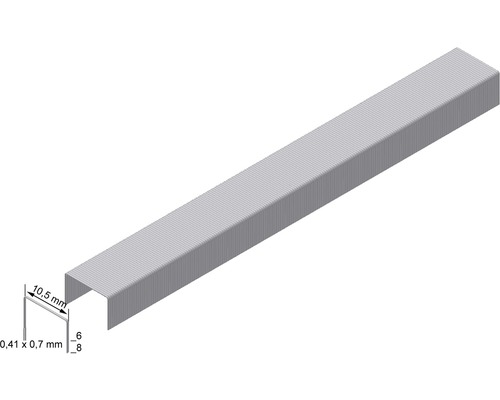 Drahtklammern mit den Maßen 0,41 x 0,7 mm, 10,5 mm breit und 6 oder 8 mm hoch