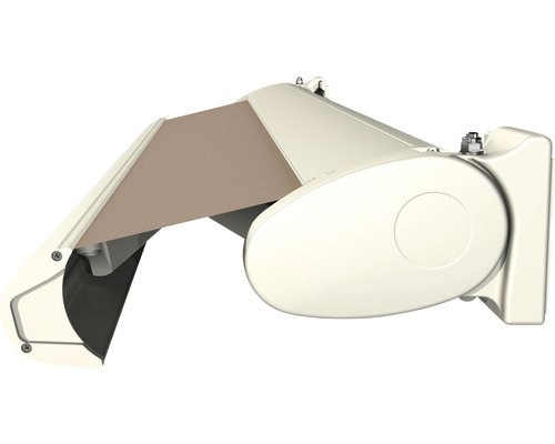 Kassettenmarkise Positano 5,5x3,5 Stoff Braun (REC-139) Gestell RAL 9016 verkehrsweiß inkl. Motor mit Nothandkurbel und Fernbedienung