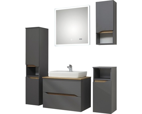 Badezimmergarnitur mit Waschbecken, Spiegel, Hochschrank und Unterschrank