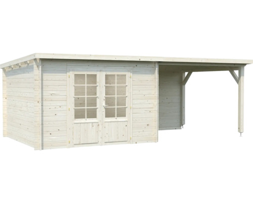 Holzgartenhaus mit Doppeltür und seitlichem Unterstand