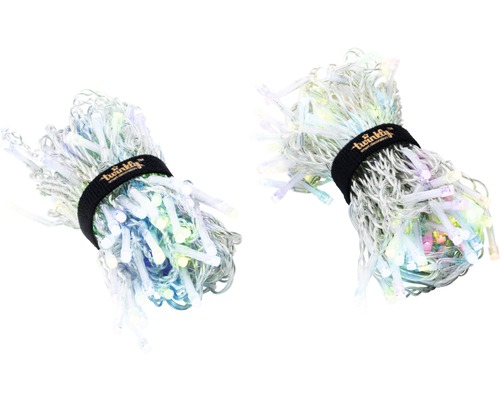 Zwei zusammengebundene Lichterketten mit Twinkly Logo Band.