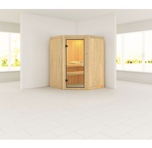 Elementsauna Karibu Larina ohne Ofen und Dachkranz mit bronzierter Ganzglastüre