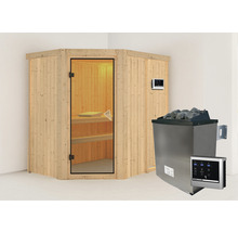 Elementsauna Karibu Carina inkl. 9 kW Ofen u.ext.Steuerung ohne Dachkranz mit bronzierter Ganzglastüre