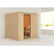 Holzsauna mit Glastür und Inneneinrichtung in einem hellen Raum