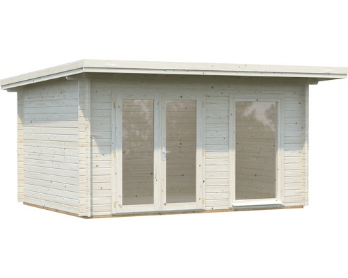 Gartenhaus aus Holz mit Fenstern und Doppeltür