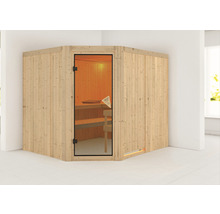 Elementsauna Karibu Malina ohne Ofen und Dachkranz mit bronzierter Ganzglastüre