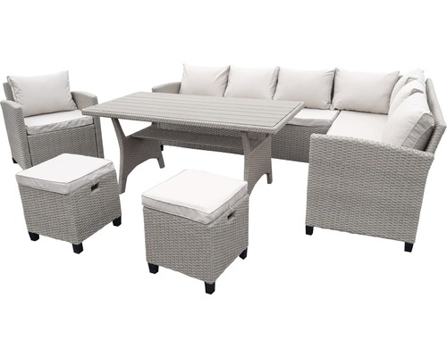 Gartenmöbelset mit Tisch, Ecksofa, Sesseln und Hockern aus Polyrattan