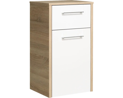 Unterschrank pelipal Lagos Breite 40 cm weiß glänzend Eiche natur quer zerlegt Badezimmerschrank mit zwei Schubladen