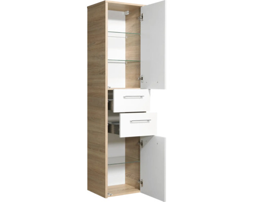 Midischrank pelipal Lagos Breite 40 cm weiß glänzend Eiche natur quer zerlegt Hochschrank mit zwei Schubladen, zwei Türen und Glasböden