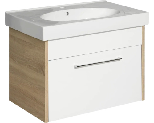 Waschtischunterschrank pelipal Lagos 75 cm weiß glänzend Eiche natur quer zerlegt Waschtischunterschrank mit Waschbecken aus Keramik und einer Schublade