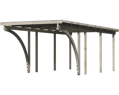 Holzcarport mit geschwungenen Trägern und Dach