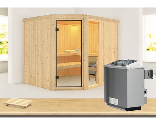 Elementsauna Karibu Siona 3 inkl. 9 kW Ofen u.integr.Steuerung ohne Dachkranz mit bronzierter Ganzglastüre