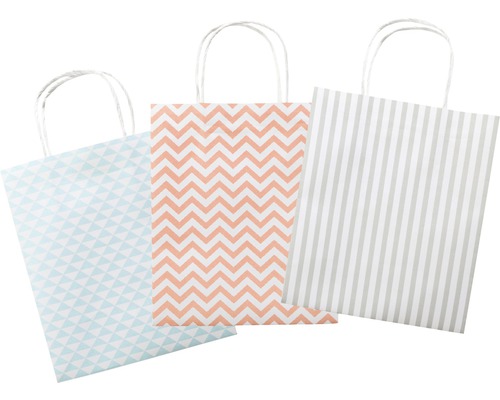 Drei Papiertragetaschen mit verschiedenen Mustern