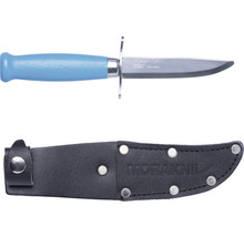 Messer mit blauem Griff und schwarzer Lederscheide