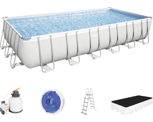 Aufstellpool Framepool-Set Bestway Power Steel™ eckig 732x366x132 cm inkl. Sandfilteranlage, Leiter & Abdeckplane grau