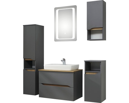Badezimmer-Set mit Waschtisch, Spiegel, Waschbecken und Schränken