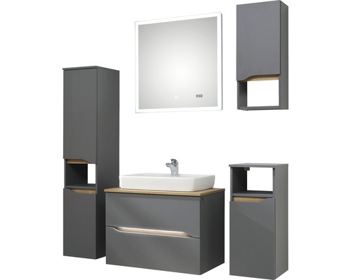 Badezimmermöbelset mit Waschtisch, Spiegel, Hochschrank und Unterschrank