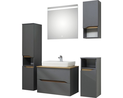 Badezimmermöbelset mit Waschbecken, Unterschrank, Spiegelschrank und Hochschränken